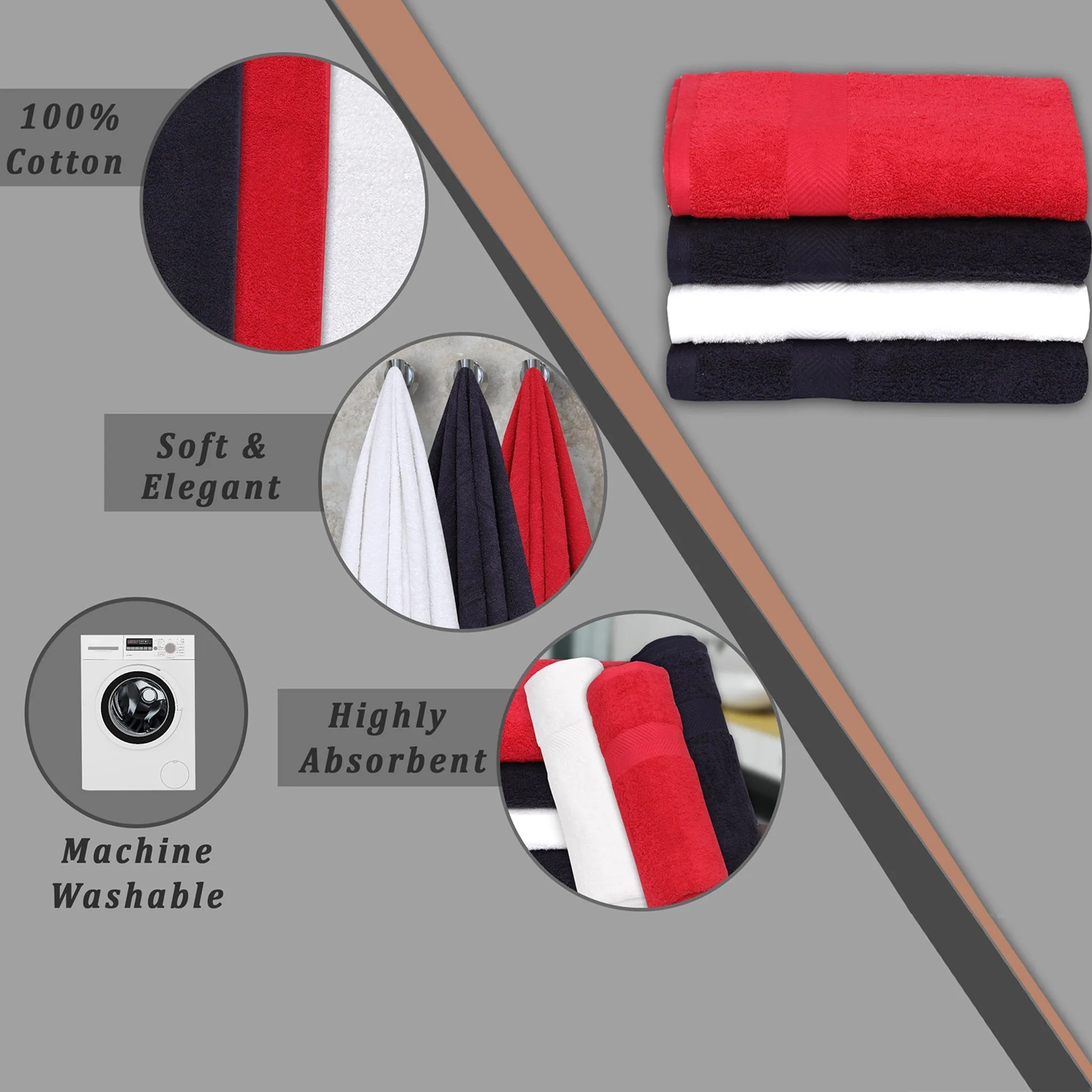 100% Cotton Bath Towel by Ruvanti - (27x54 Inch) - Assorted (Navy, Red, White)