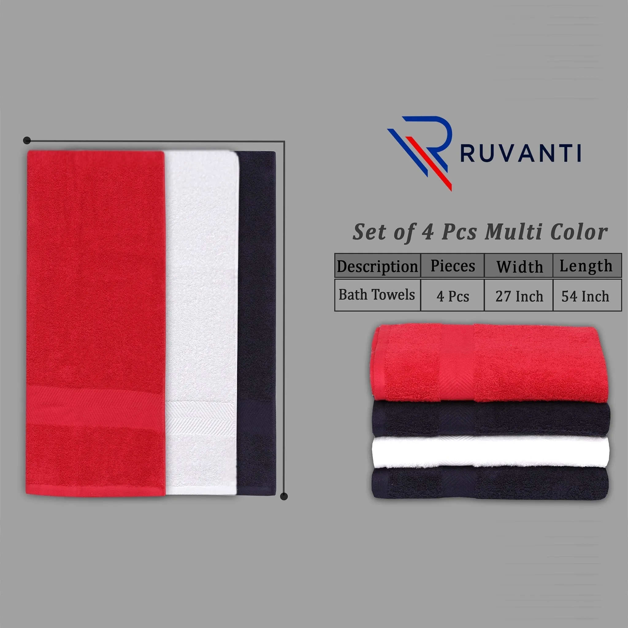 100% Cotton Bath Towel by Ruvanti - (27x54 Inch) - Assorted (Navy, Red, White)