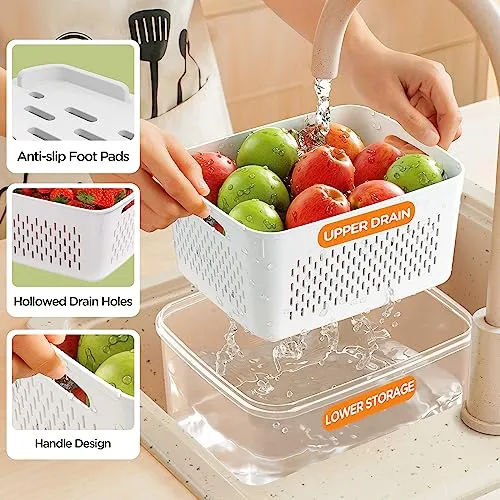 8-Pack Fruit Storage Containers for Fridge, Leakproof Fruit Containers for Fridge with Colanders, BPA-Free Produce Storage Containers with Lids Keep Fruits, Vegetables, Berry, Meat Fresh longer