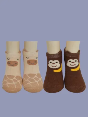 Adorable Monkey and Giraffe Design Socks For Boys- Beige & Brown