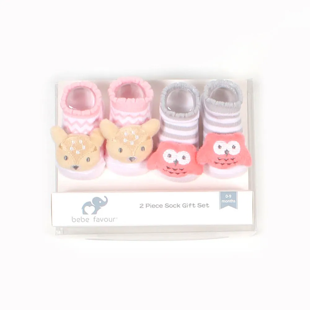 AFR Deer & Owl Face Pink & Grey 2 Pairs Rattle Sock Box 12642