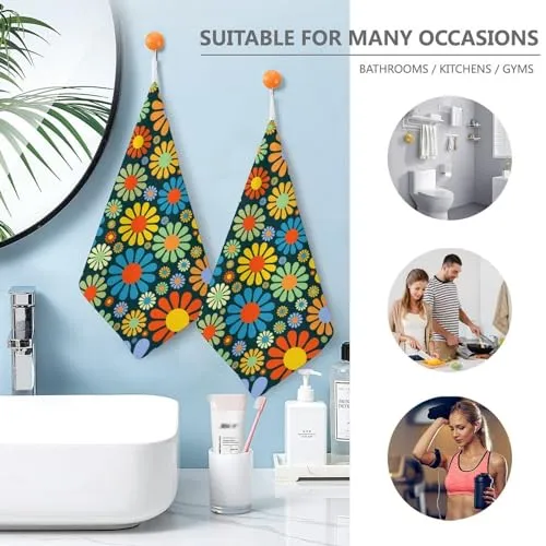 AGYG Dish Towels for Kitchen Drying with Hanging Loops,Cute Decorative Hand Towels for Bathroom Kitchen Set of 2,Soft Absorbent Tea Towels-Hippie Flower Hand Towels