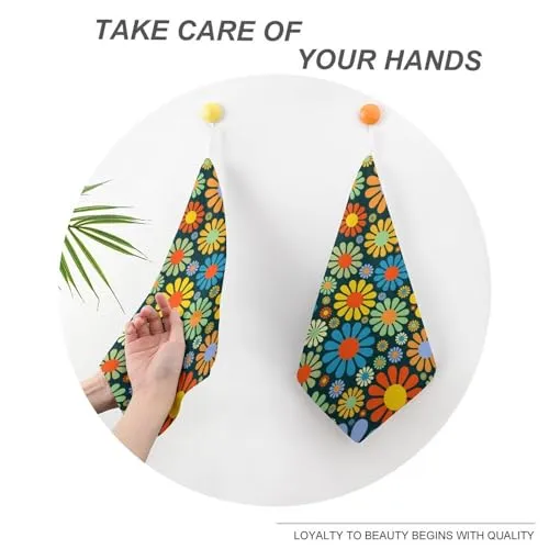 AGYG Dish Towels for Kitchen Drying with Hanging Loops,Cute Decorative Hand Towels for Bathroom Kitchen Set of 2,Soft Absorbent Tea Towels-Hippie Flower Hand Towels