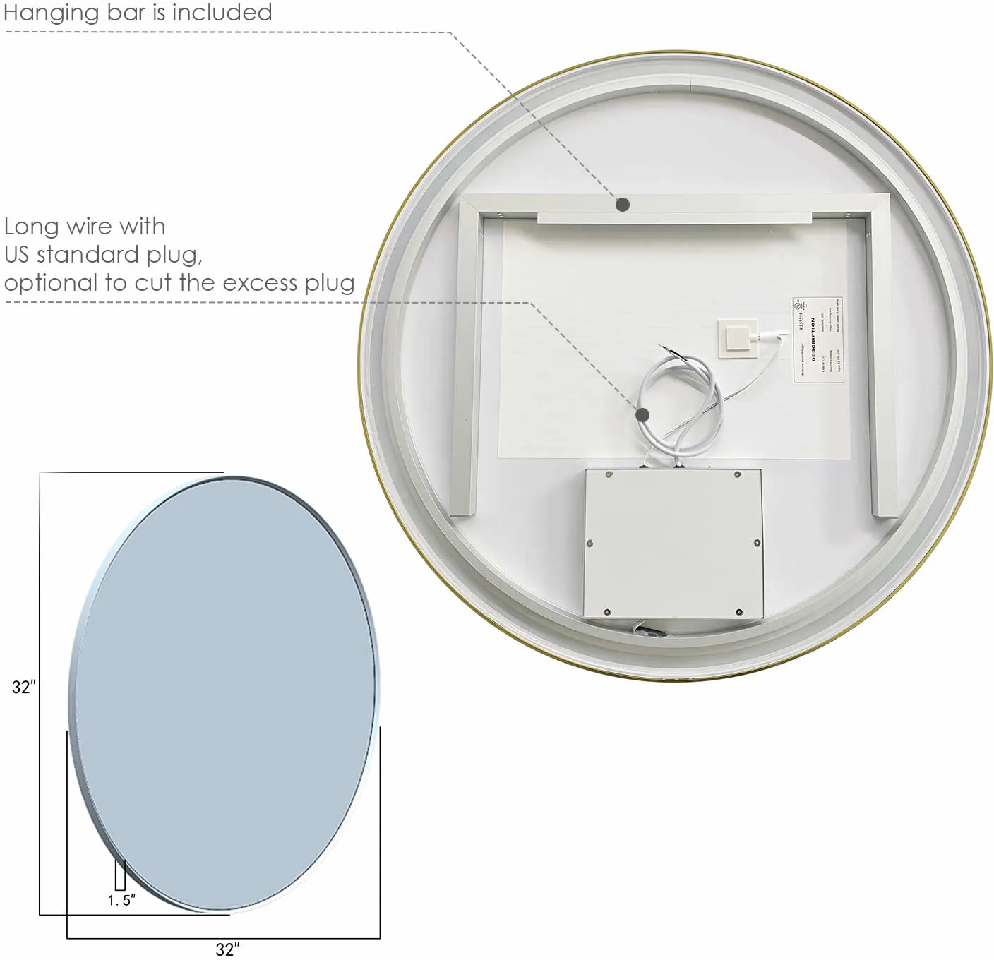 Altair Palme, Gloss Black Frame, 24" or 32" Diameter Anti-Fog Variable LED Bathroom Vanity Mirror