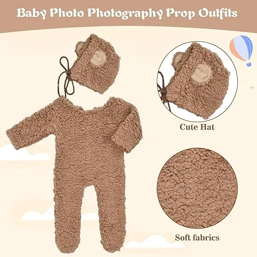 Babymoon Set of 2 | Fleece Suit with Infant Baby Bear Cap Hat | Baby Photography Props Costume | Baby Gift Set | 0-1Yr | Brown