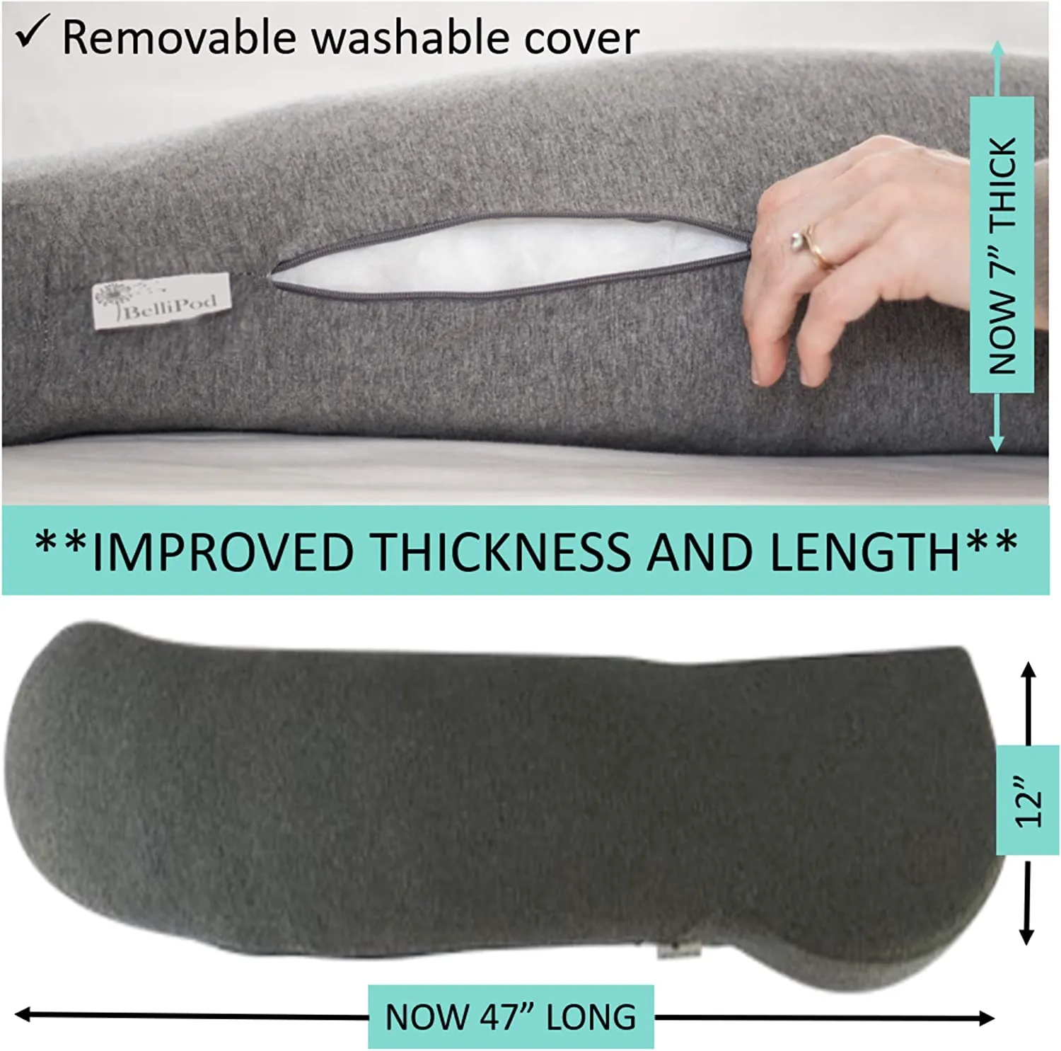 BelliPod Pregnancy Pillow Maternity Pillow Cotton with Cover Body Pillow, Grey