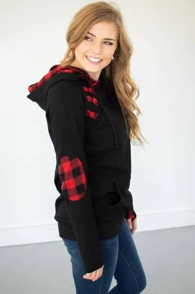Black Buffalo Plaid Accent Hoodie