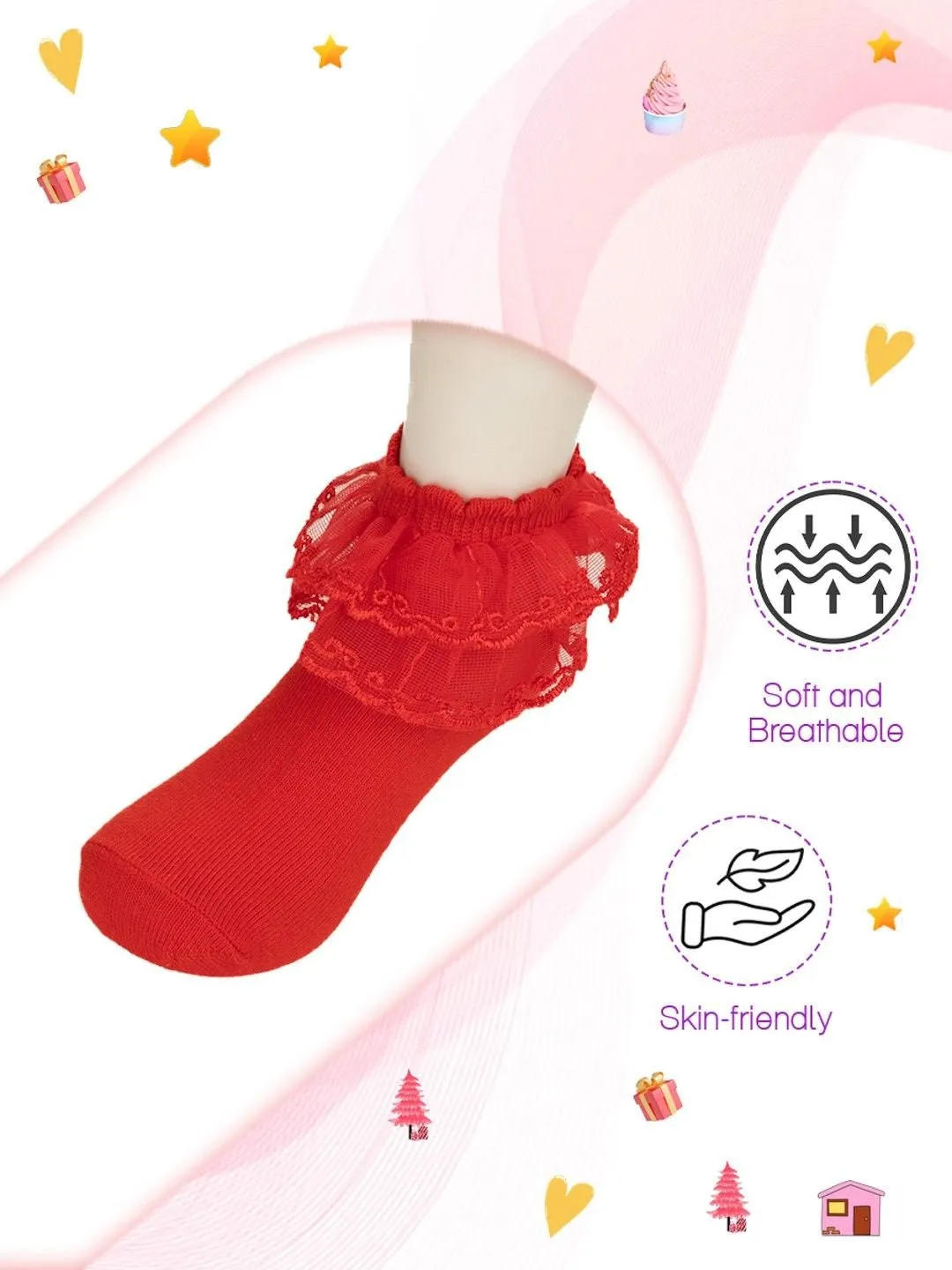 Elegant Baby Lace Frill Socks Set – Red and White Combo