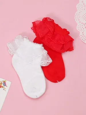 Elegant Baby Lace Frill Socks Set – Red and White Combo