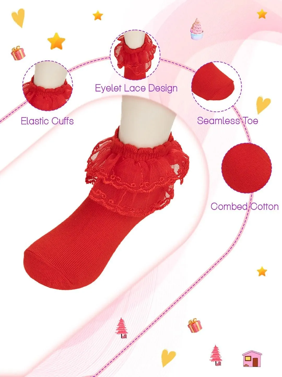 Elegant Baby Lace Frill Socks Set – Red and White Combo