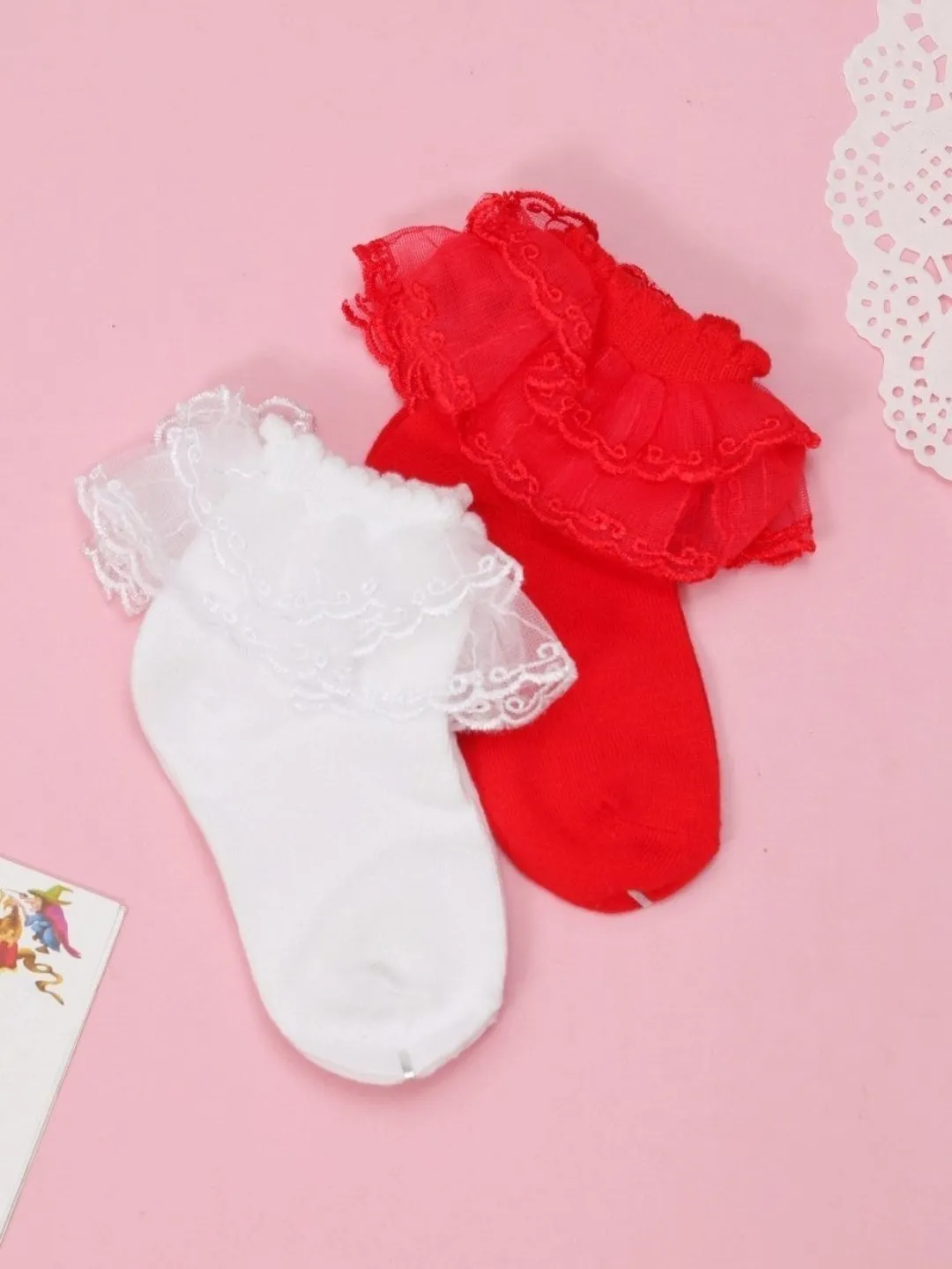 Elegant Baby Lace Frill Socks Set – Red and White Combo