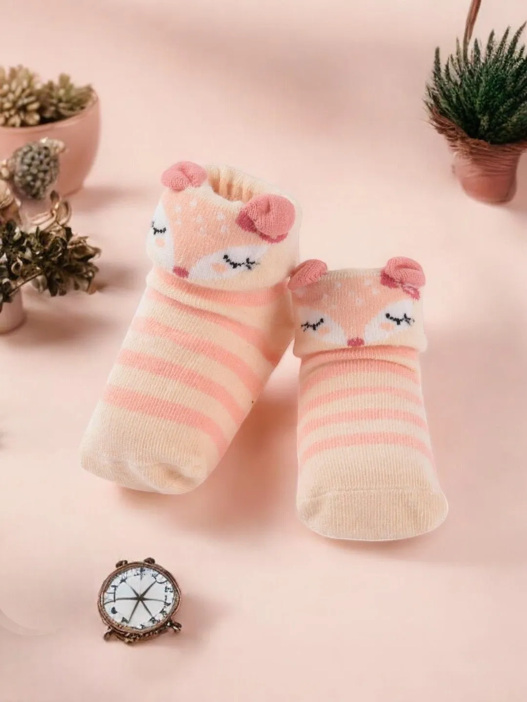 Elegant Baby Socks with Adorable Fox Face and Striped Design
