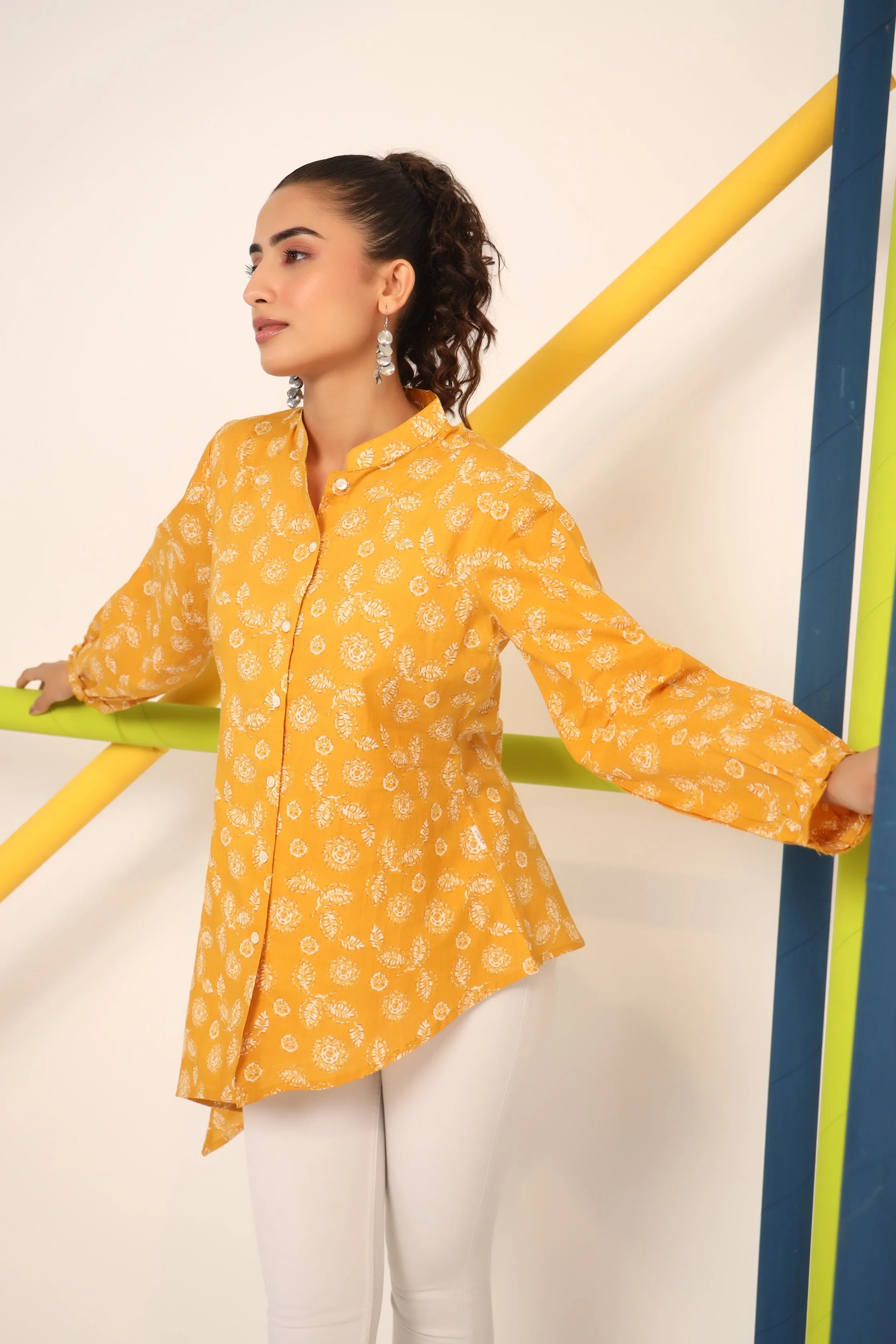 Floral Imprint on Mustard Cotton Top