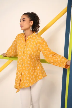 Floral Imprint on Mustard Cotton Top