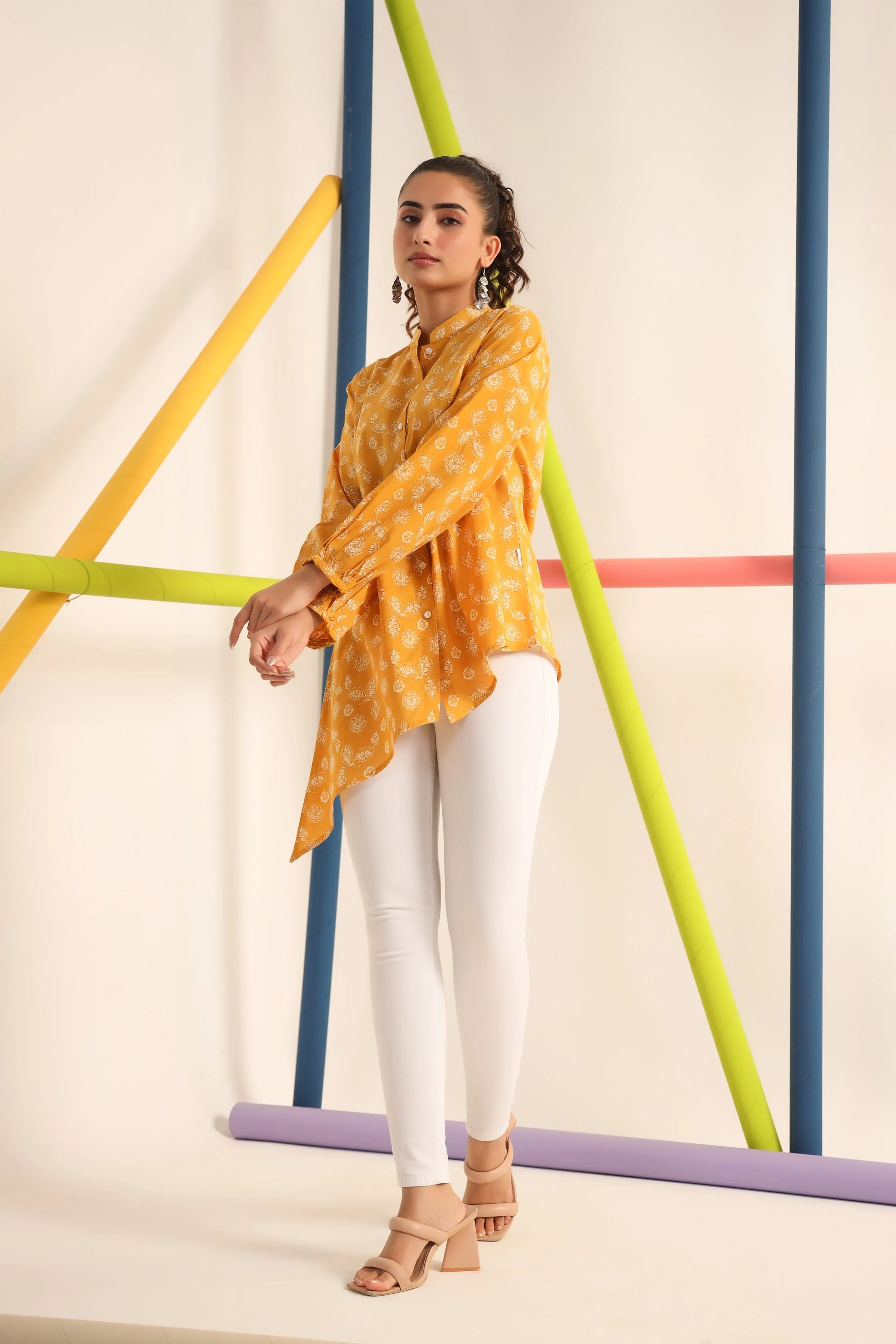 Floral Imprint on Mustard Cotton Top