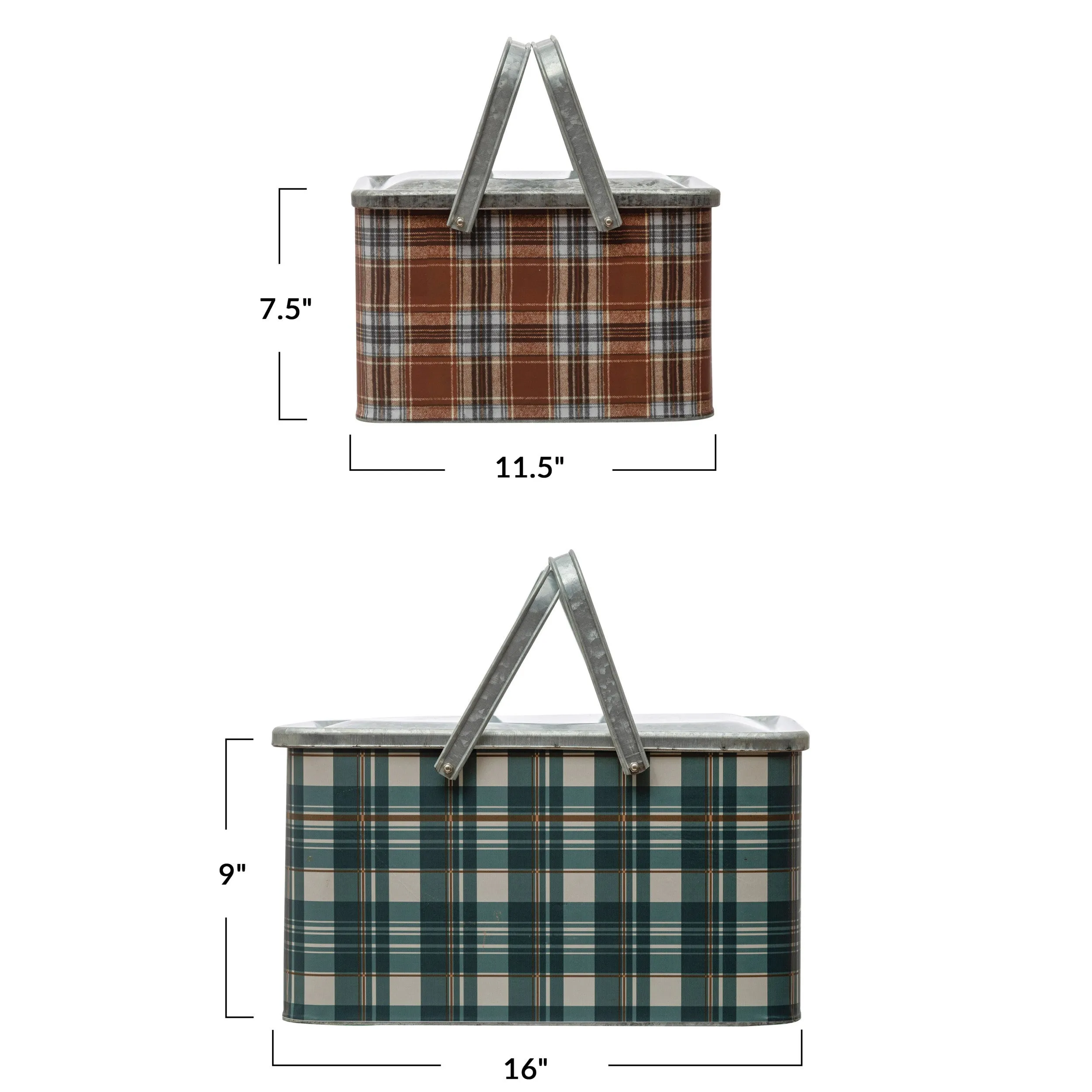 Galvanized Metal Plaid Boxes, Set of 2