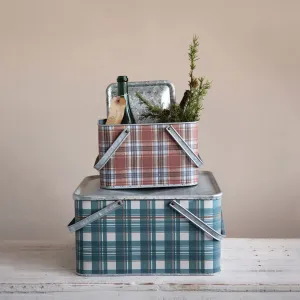 Galvanized Metal Plaid Boxes, Set of 2