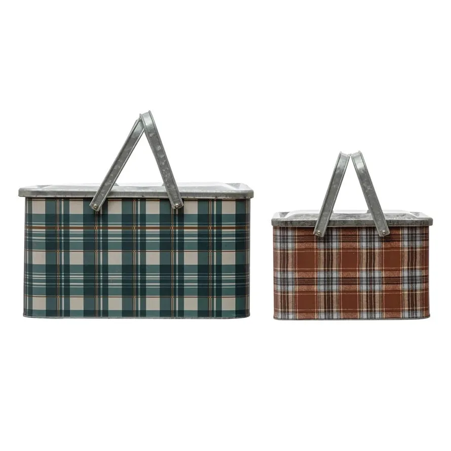 Galvanized Metal Plaid Boxes, Set of 2