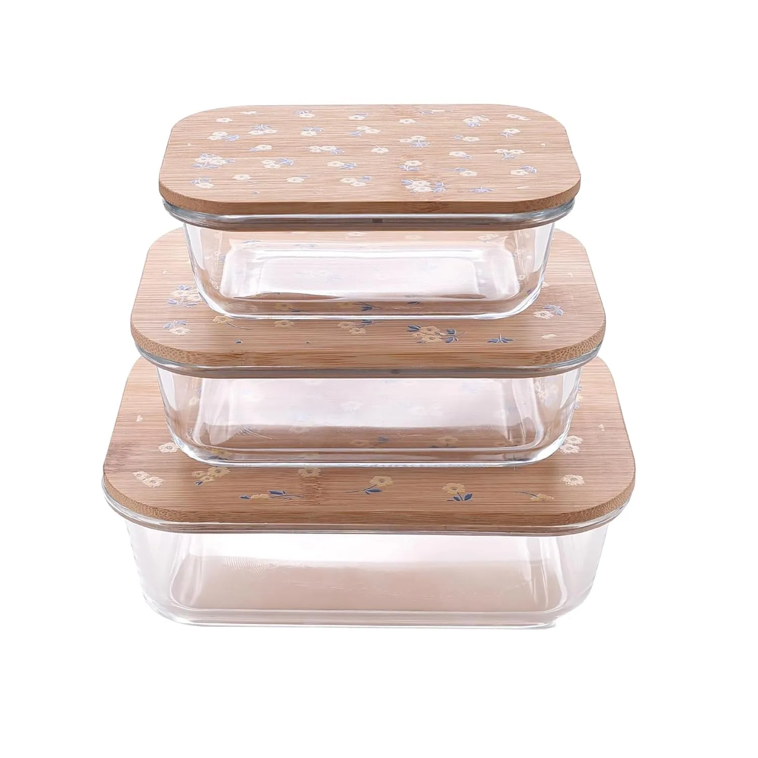 Homestic Pack of 3 Borosilicate Glass Kitchen Containers with Bamboo Lid | 370ml 640ml 1060ml | Airtight Rectangular Fridge Storage Boxes |kitchen organizer items & storage| Happy Dance Print