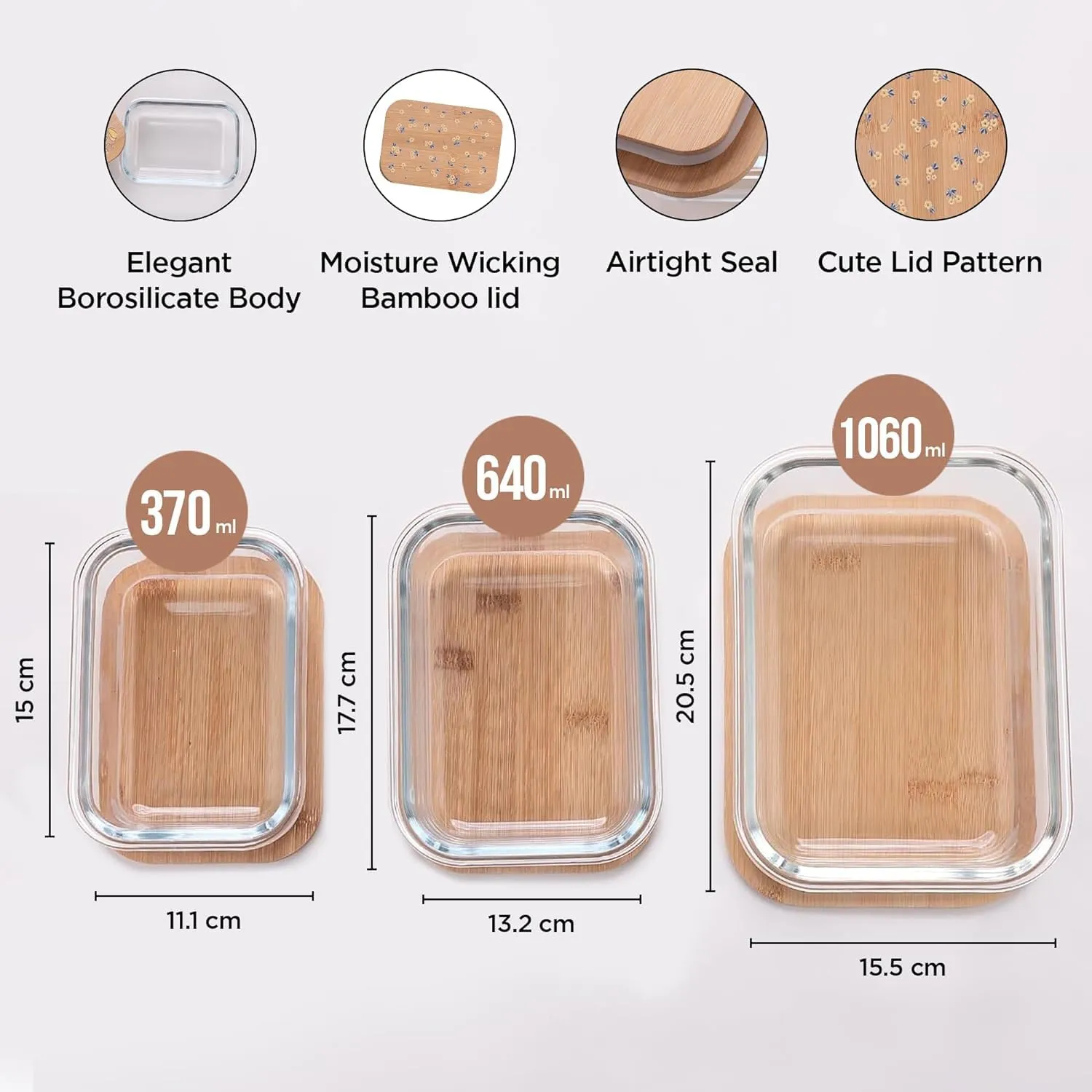 Homestic Pack of 3 Borosilicate Glass Kitchen Containers with Bamboo Lid | 370ml 640ml 1060ml | Airtight Rectangular Fridge Storage Boxes |kitchen organizer items & storage| Happy Dance Print