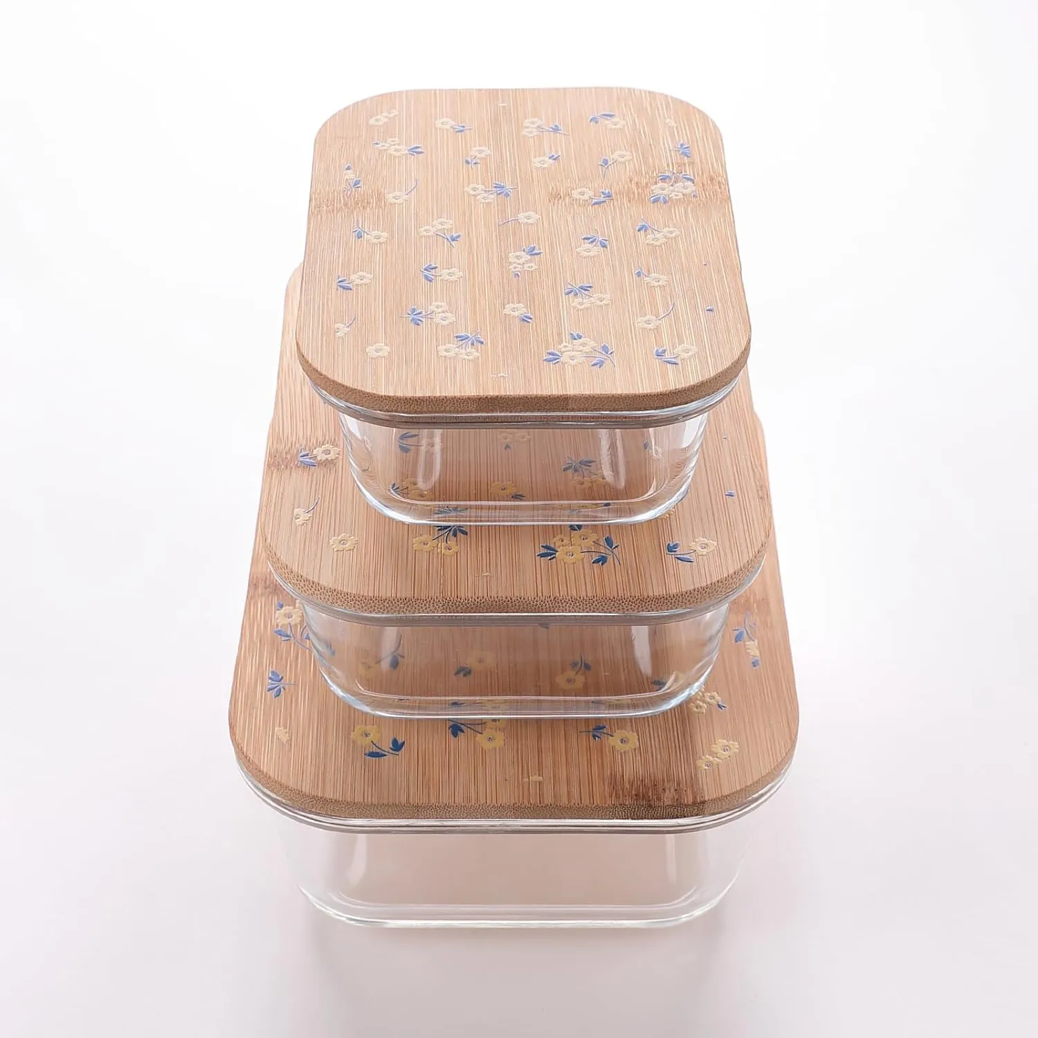 Homestic Pack of 3 Borosilicate Glass Kitchen Containers with Bamboo Lid | 370ml 640ml 1060ml | Airtight Rectangular Fridge Storage Boxes |kitchen organizer items & storage| Happy Dance Print