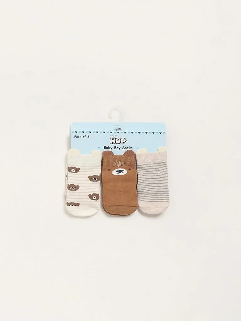 HOP Baby Brown Assorted Bear-Themed Socks - Pack of 3