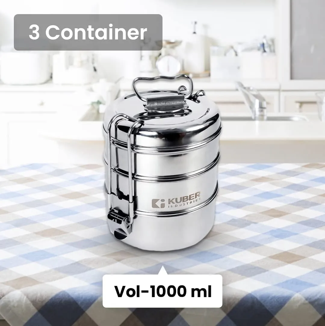 Kuber Industries Clipper Stainless Steel Tiffin Box | Lunch Box with Locking Clip I Silver | Set of 3 Box | Everyday use Home Office Steel Lunch Box (3 Container, 1000ml) (Pack of 2)