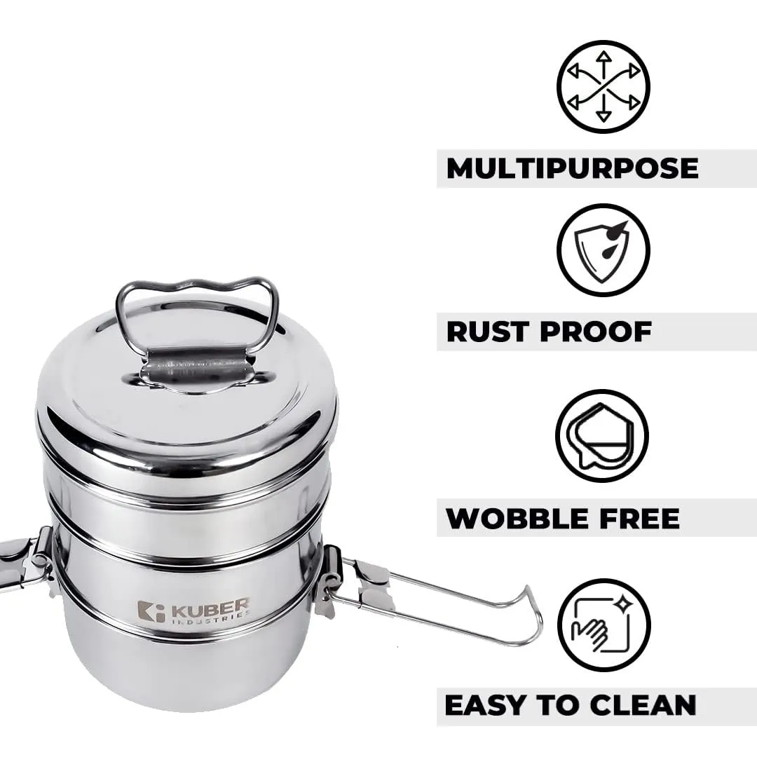 Kuber Industries Clipper Stainless Steel Tiffin Box | Lunch Box with Locking Clip I Silver | Set of 3 Box | Everyday use Home Office Steel Lunch Box (3 Container, 1000ml) (Pack of 2)