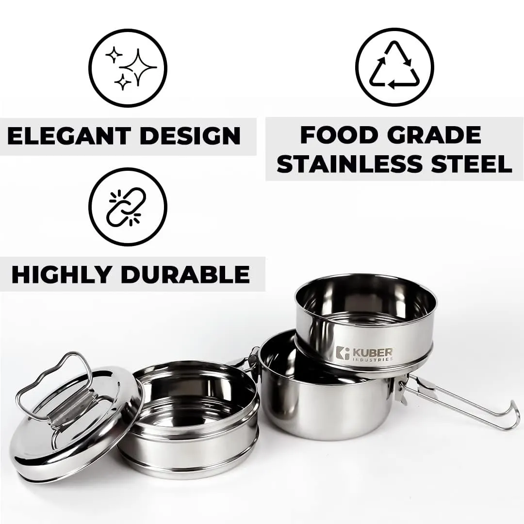 Kuber Industries Clipper Stainless Steel Tiffin Box | Lunch Box with Locking Clip I Silver | Set of 3 Box | Everyday use Home Office Steel Lunch Box (3 Container, 1000ml) (Pack of 2)