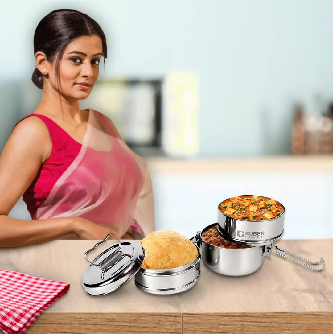 Kuber Industries Clipper Stainless Steel Tiffin Box | Lunch Box with Locking Clip I Silver | Set of 3 Box | Everyday use Home Office Steel Lunch Box (3 Container, 1000ml) (Pack of 2)