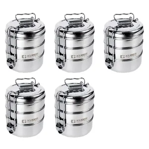 Kuber Industries Clipper Stainless Steel Tiffin Box | Lunch Box with Locking Clip I Silver | Set of 3 Box | Everyday use Home Office Steel Lunch Box (3 Container, 1000ml) (Pack of 2)