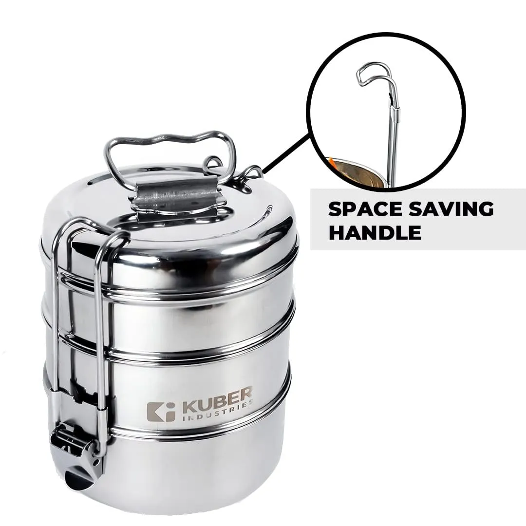 Kuber Industries Clipper Stainless Steel Tiffin Box | Lunch Box with Locking Clip I Silver | Set of 3 Box | Everyday use Home Office Steel Lunch Box (3 Container, 1000ml) (Pack of 2)