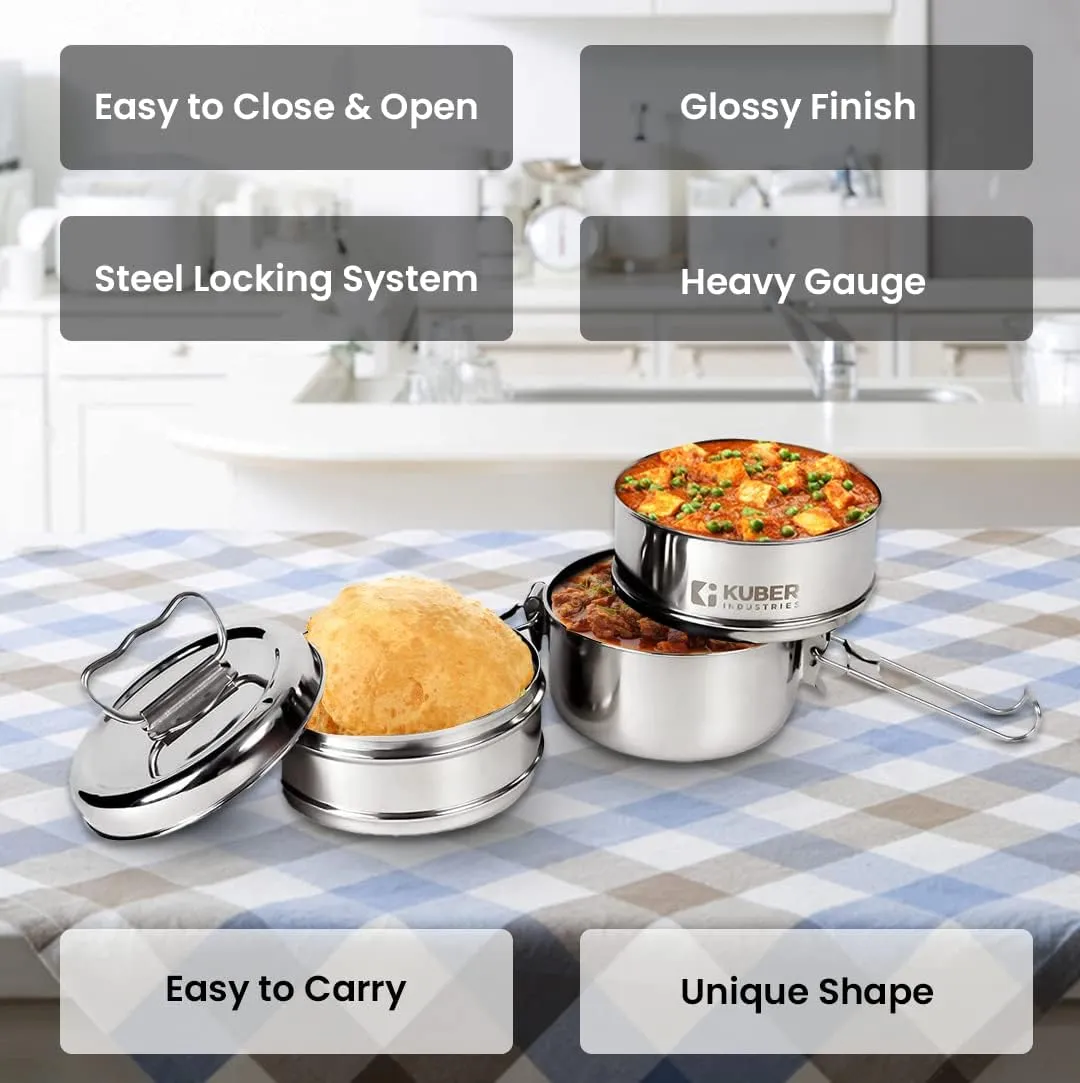 Kuber Industries Clipper Stainless Steel Tiffin Box | Lunch Box with Locking Clip I Silver | Set of 3 Box | Everyday use Home Office Steel Lunch Box (3 Container, 1000ml) (Pack of 2)