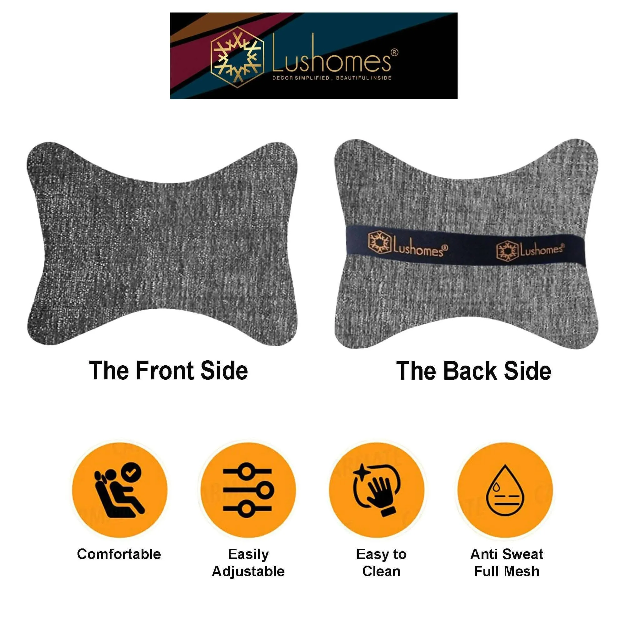 Lushomes Car Neck Rest Pillow & Cushion, Set of 2, Grey Chenille, 17x27 cm, Lumbar & Headrest Support