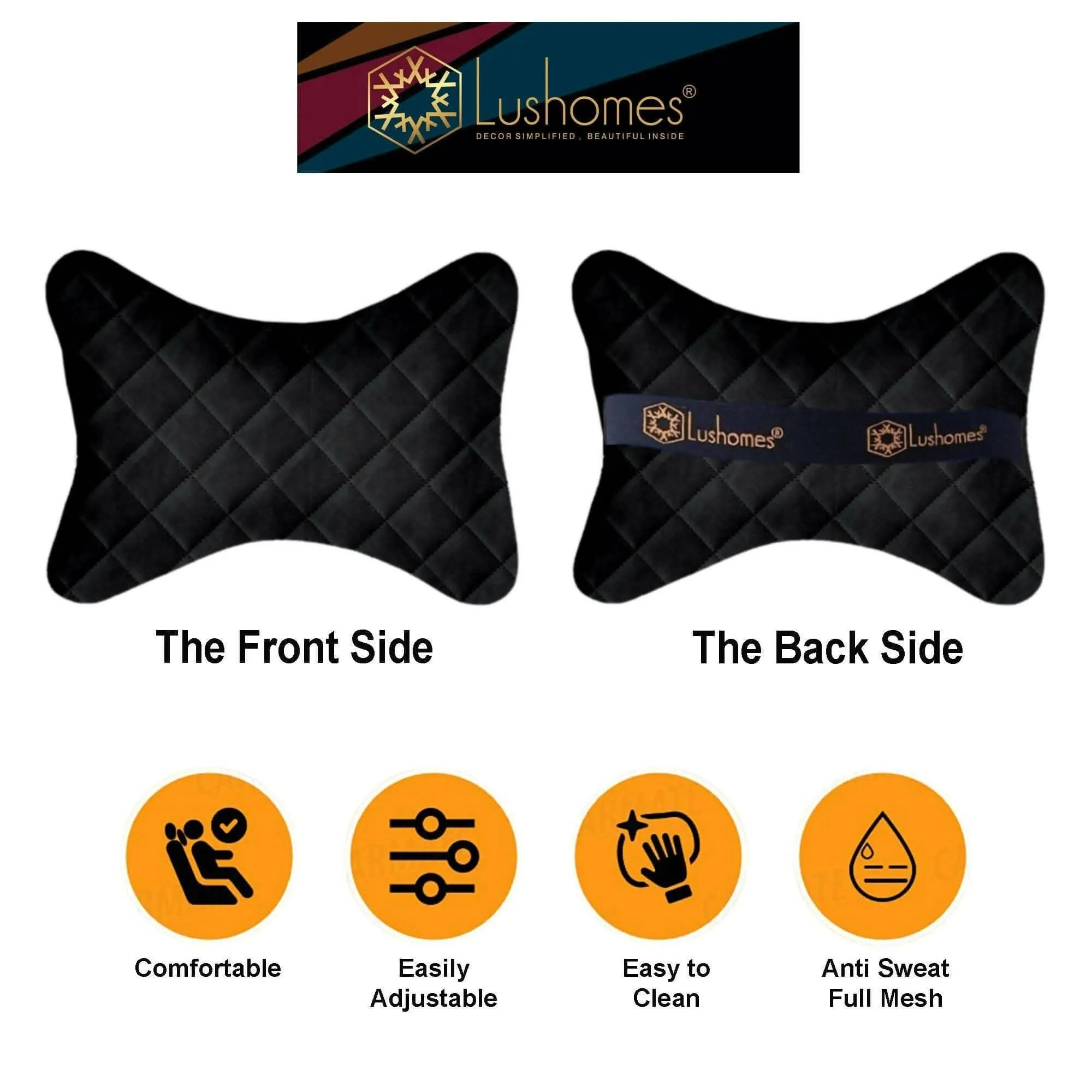 Lushomes Car Neck Rest Pillow Set, Quilted Velvet, 6x10", Black (2 Pcs)
