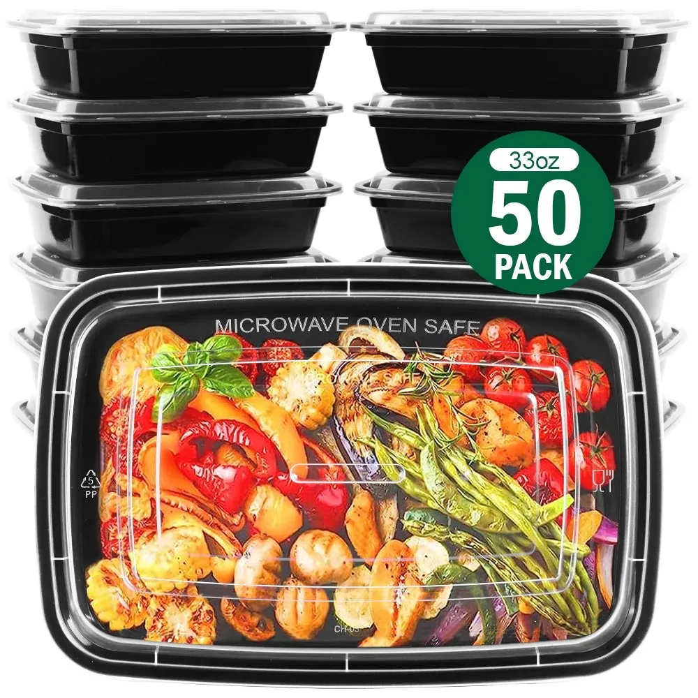 Meal Prep Containers, 50 Packs Plastic Food Storage Containers with Lids, 32Oz Bento Box Reusable, to Go Containers Disposable, BPA Free