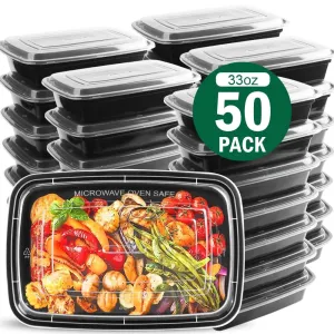Meal Prep Containers, 50 Packs Plastic Food Storage Containers with Lids, 32Oz Bento Box Reusable, to Go Containers Disposable, BPA Free