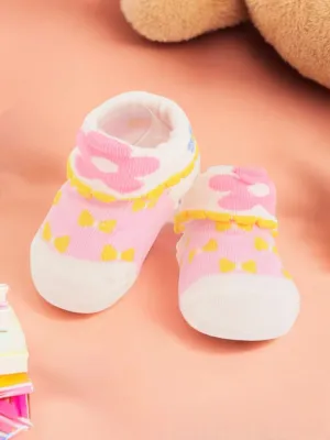 Pink Baby Socks with Yellow Bows and Flower Cuffs