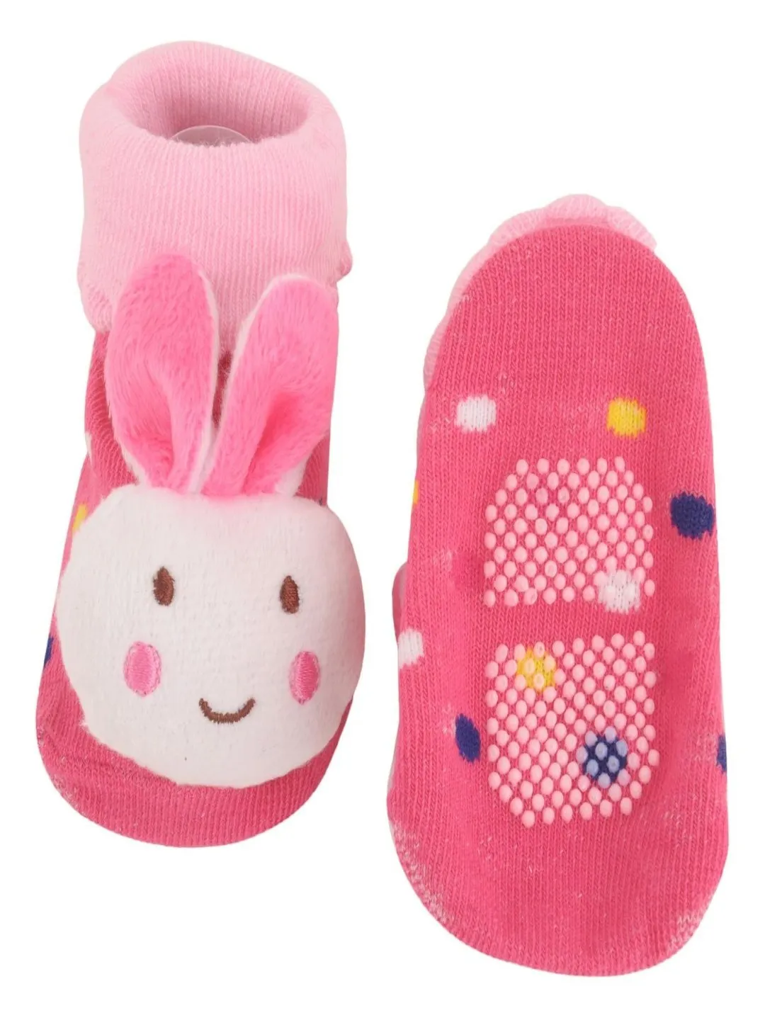 Pink Bunny Face Baby Socks with 3D Ears & Polka Dot Design – Cute Anti-Slip Socks for Infants