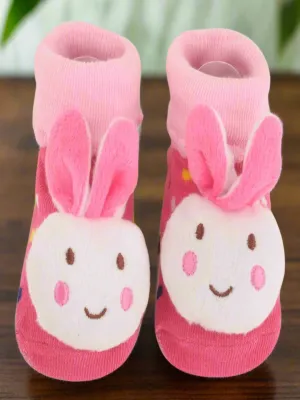 Pink Bunny Face Baby Socks with 3D Ears & Polka Dot Design – Cute Anti-Slip Socks for Infants