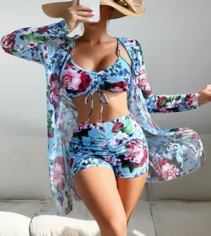 Plus 3pack Allover Print Drawstring Front Bikini Swimsuit Dark Blue