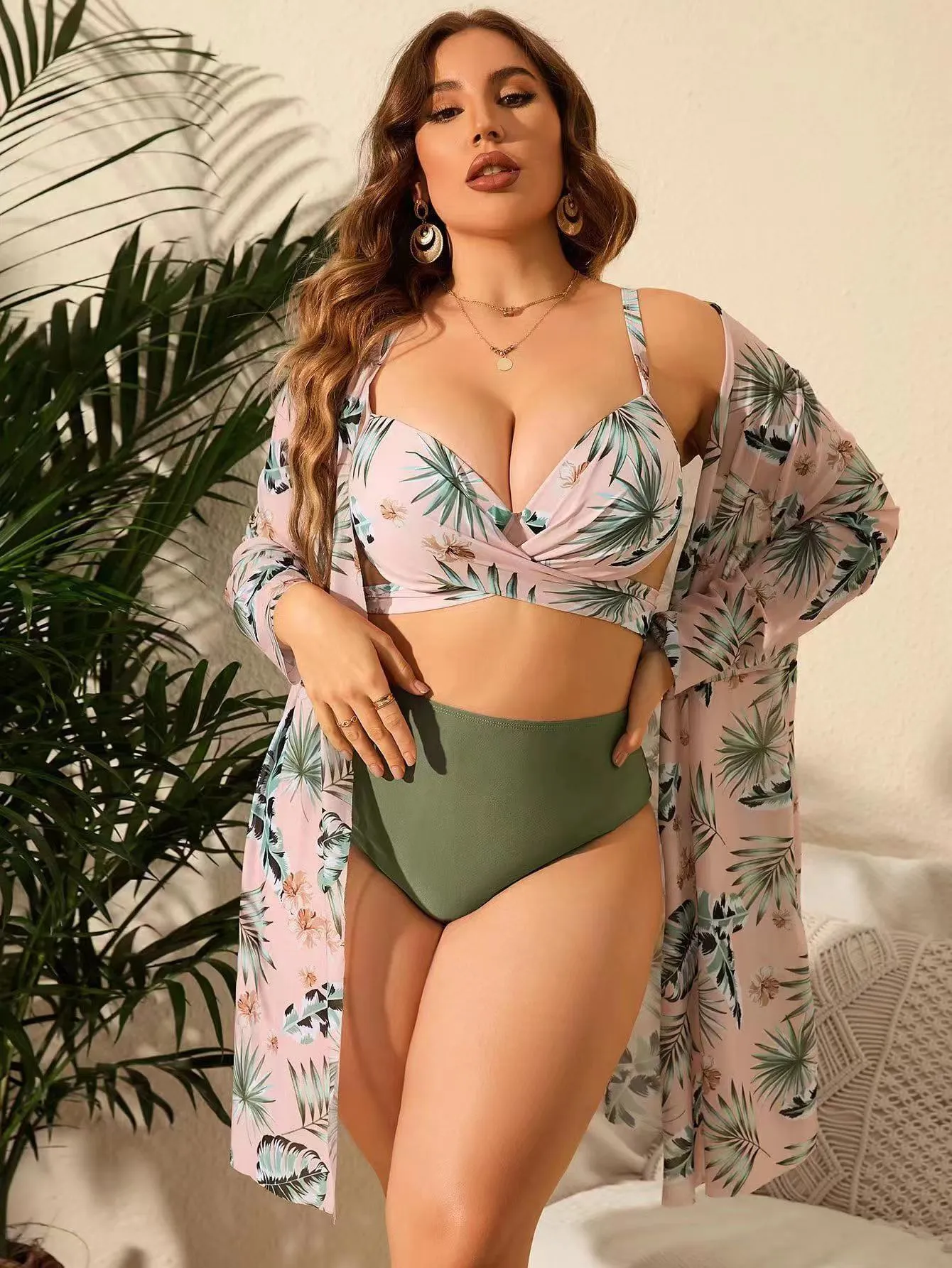 Plus Tropical Print Bikini Set Cross Wrap Tie Multicolor