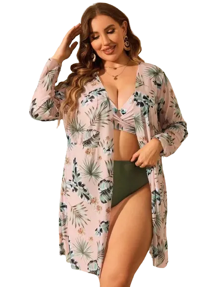 Plus Tropical Print Bikini Set Cross Wrap Tie Multicolor