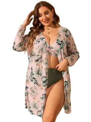 Plus Tropical Print Bikini Set Cross Wrap Tie Multicolor
