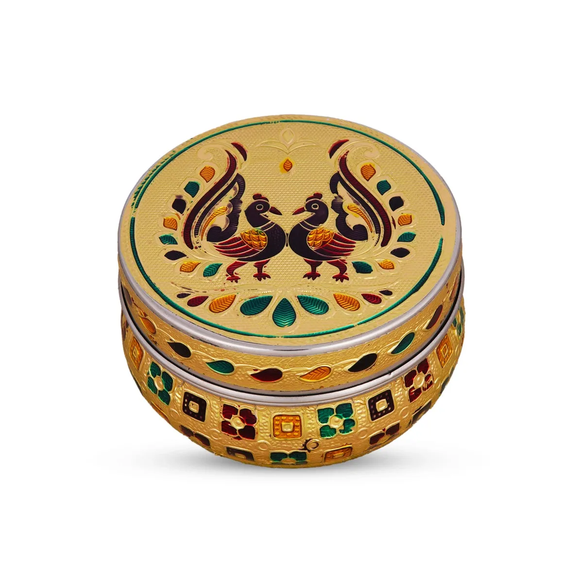 Pooja Box - 2.5 x 4 Inches | Gold Meenakari Design Jewellery Box/ Stainless Steel Storage Box for Pooja