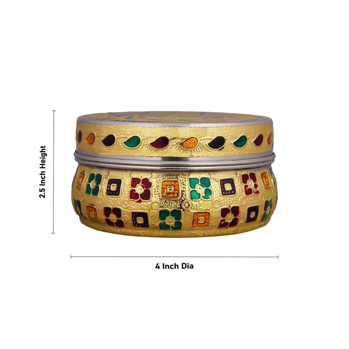 Pooja Box - 2.5 x 4 Inches | Gold Meenakari Design Jewellery Box/ Stainless Steel Storage Box for Pooja
