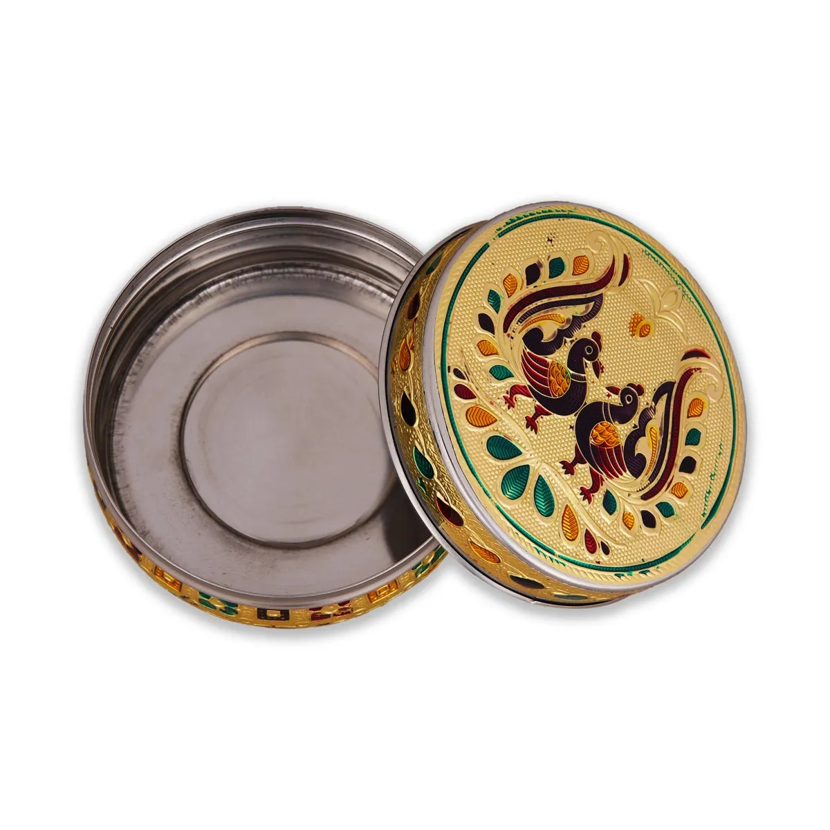 Pooja Box - 2.5 x 4 Inches | Gold Meenakari Design Jewellery Box/ Stainless Steel Storage Box for Pooja
