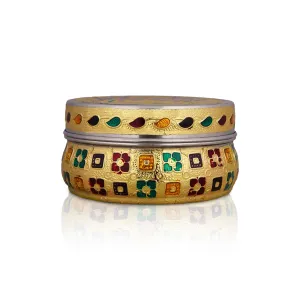 Pooja Box - 2.5 x 4 Inches | Gold Meenakari Design Jewellery Box/ Stainless Steel Storage Box for Pooja