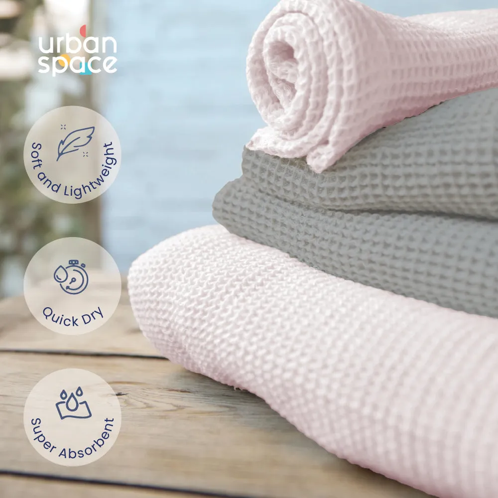 Premium 100% Cotton Waffle Bath Towel Set of 6, 2 Bath towels, 2 Hand towels, 2 Face Towels, Grey & Pink