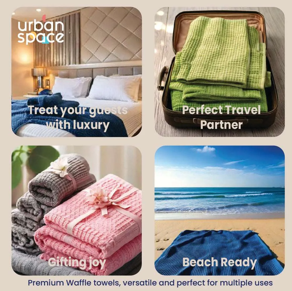 Premium 100% Cotton Waffle Bath Towel Set of 6, 2 Bath towels, 2 Hand towels, 2 Face Towels, Grey & Pink